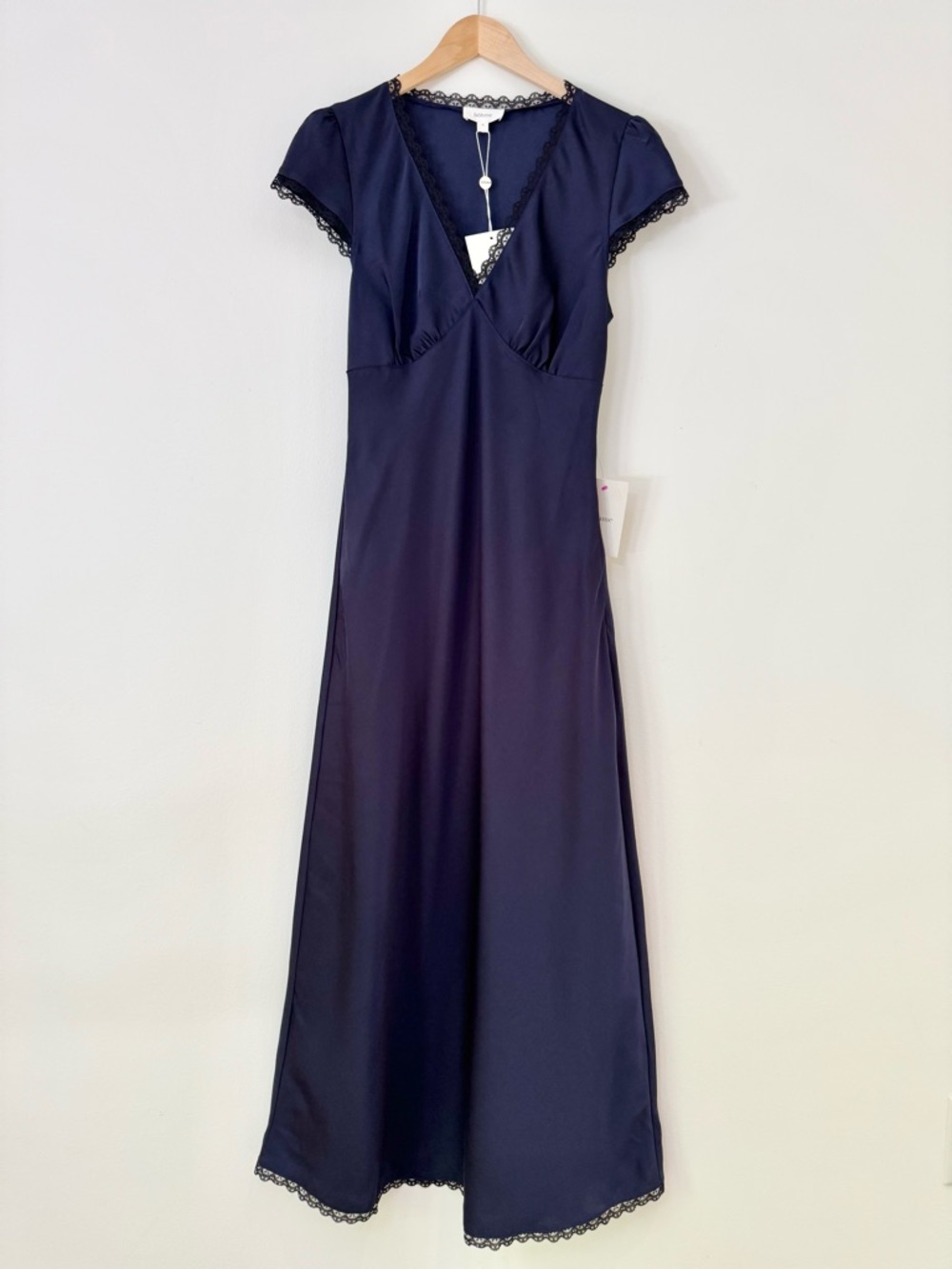 NWT bohme Wrenna Satin Maxi Dress Navy Lace-Trim Maxi Dress, Size M - Picture 2 of 15